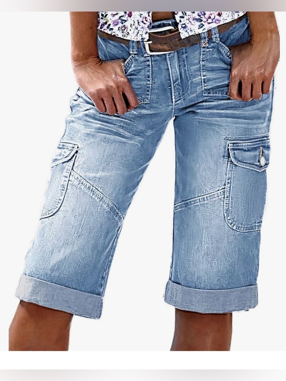Flamingals Flap Pocket Roll Hem Mid Waist Denim Bermuda Shorts